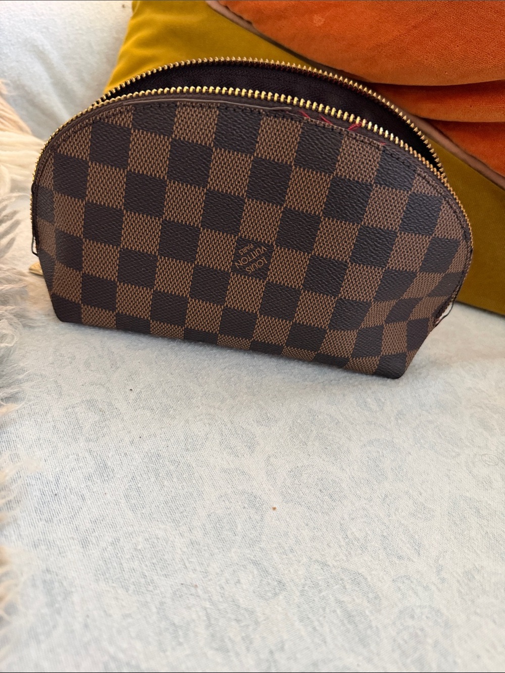 Brown Checkered Cosmetic Pouch
